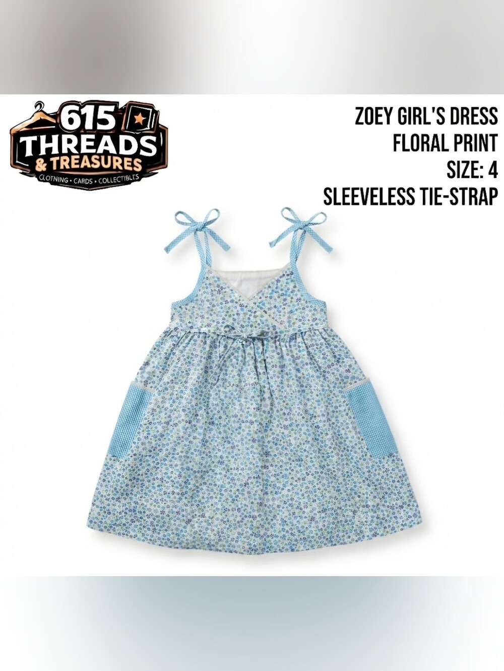Zoey Girl's Blue Floral Tie- Strap Dress - Size 4